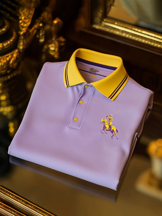 Men's Classic Business Check Logo Button Short Sleeve Polo Shirt