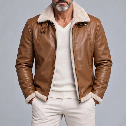 Men's Vintage Zipper Pocket Turndown Collar Fleece Lined PU Leather Jacket