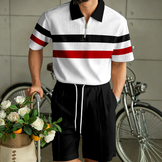 Men's Color-Blocked Zipper Polo Shirt and Shorts Set