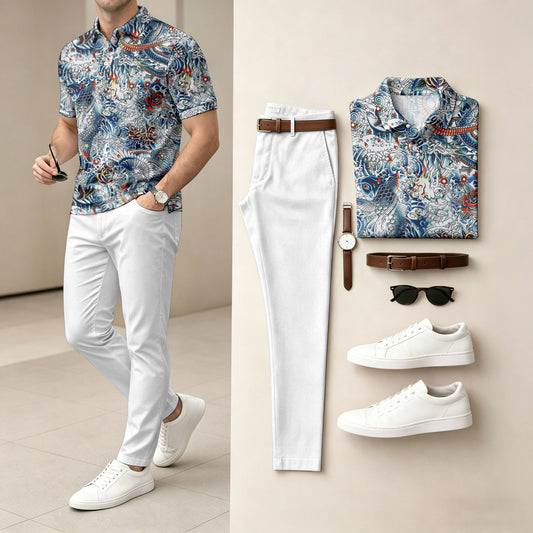Men's Casual Printed Polo Shirt And Pants Two-Piece Set