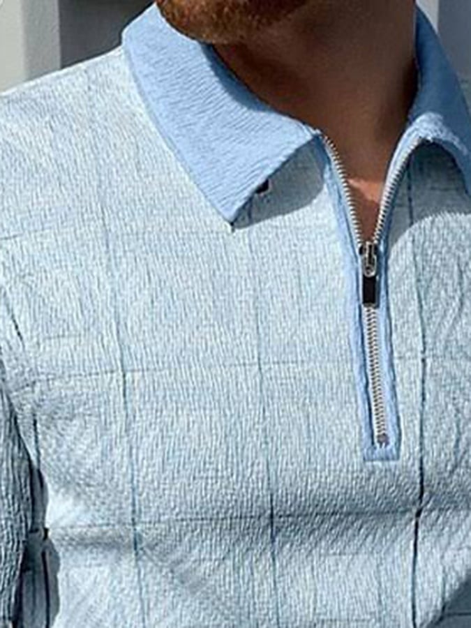 Men's Fashion Contrast Color Half Zip Long Sleeve Polo Shirt