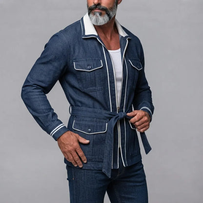 Men's Navy Blue Denim Multi-Pockets Contrast Piping Belted Zip-Up Safari Jacket