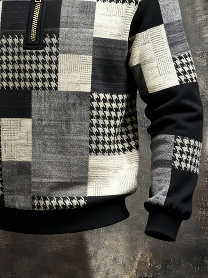 Men's Retro Color Block Print Color-Blocked Zip-Up Sweatshirt