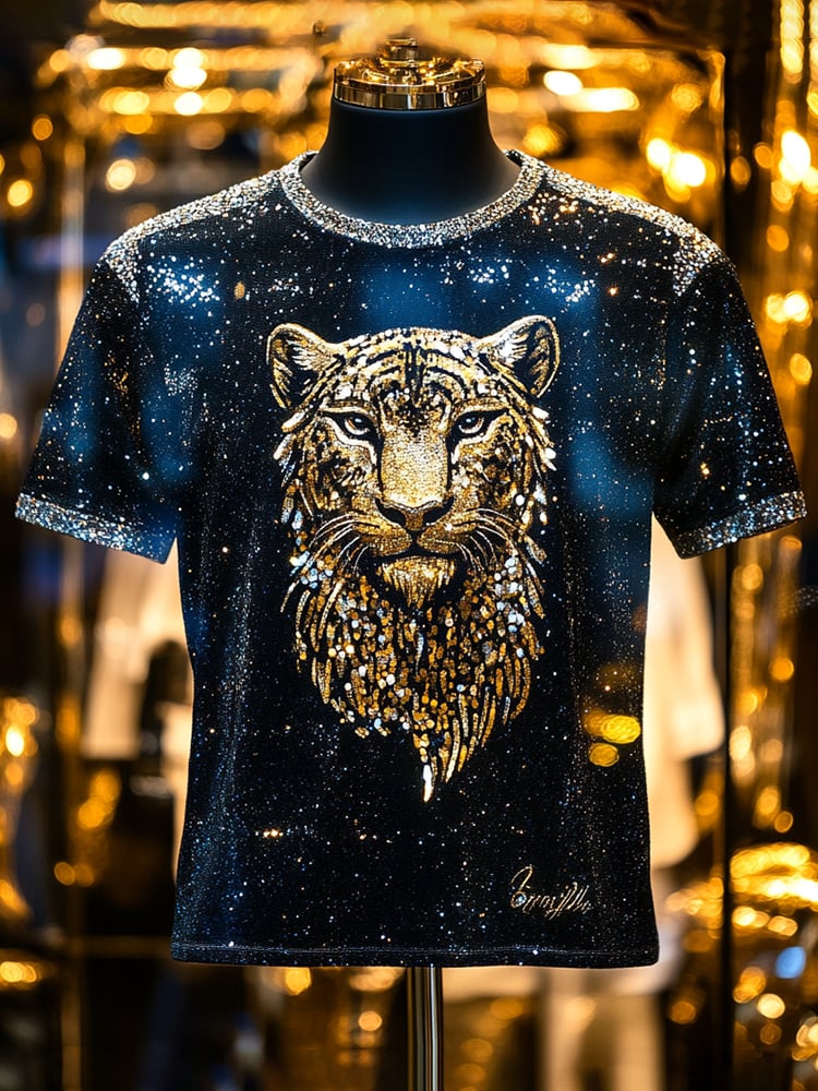 Men's Tiger Sequin Business Print Short Sleeve T-Shirt
