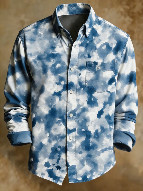 Retro Blue Tie-Dye Shirt Men's Casual Business Oxford Long Sleeve Shirt