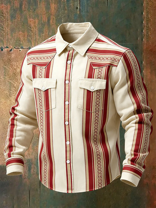 Men's Vintage Striped Western Long-Sleeved Shirt