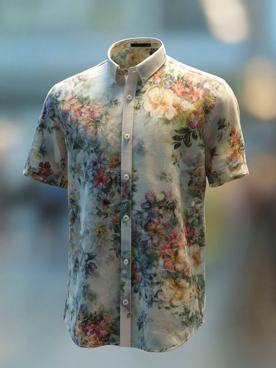 Men's Business Casual Watercolor Floral Lapel Short Sleeve Shirt
