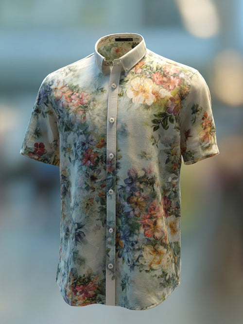 Men's Business Casual Watercolor Floral Lapel Short Sleeve Shirt