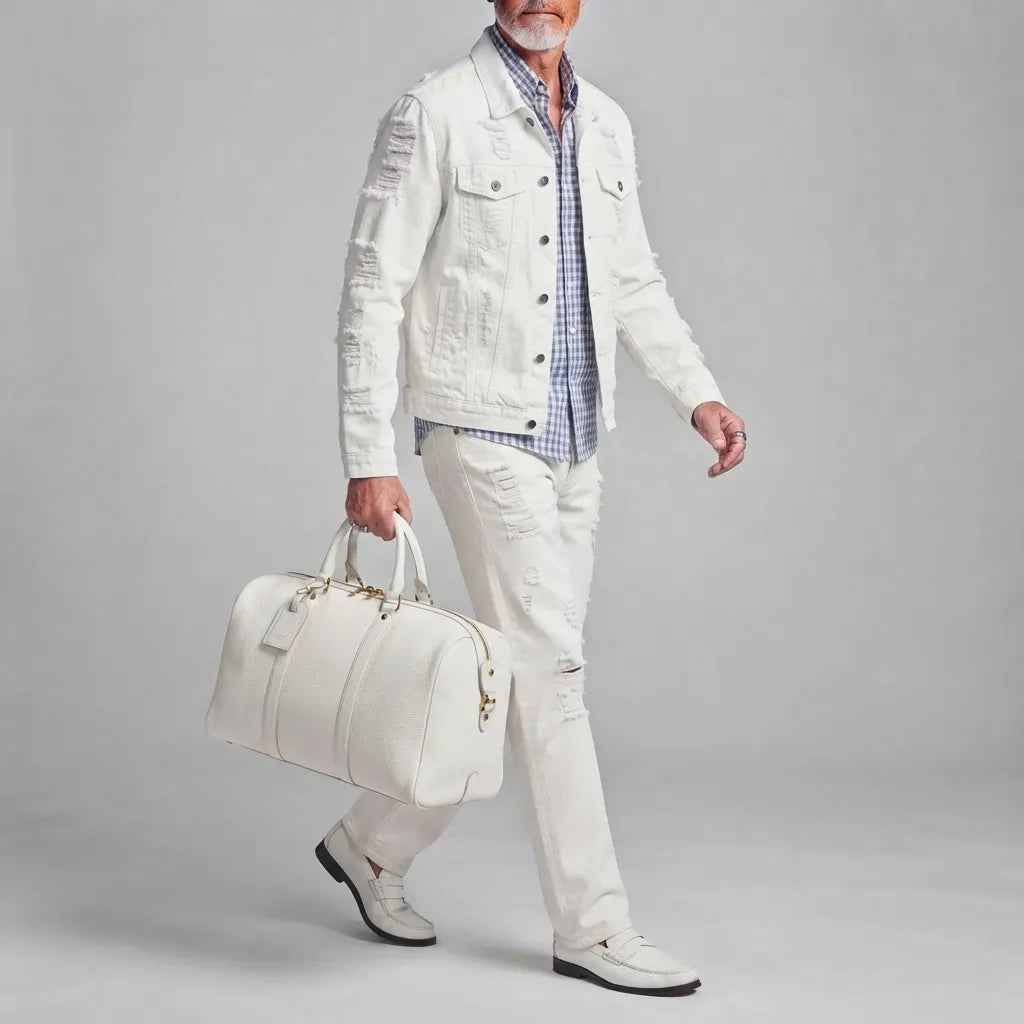 Men's White Distressed Ripped Single-Breasted Multi-Pocket Denim Jacket