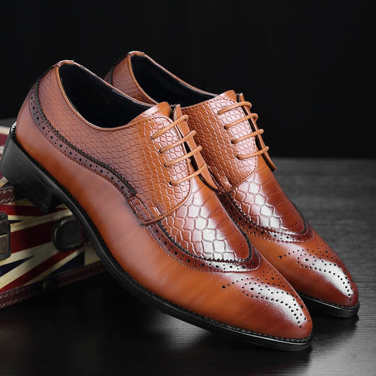 Men's Business Casual Pointed Toe Patchwork Lace Up Oxfords Faux Leather Brogues Shoes
