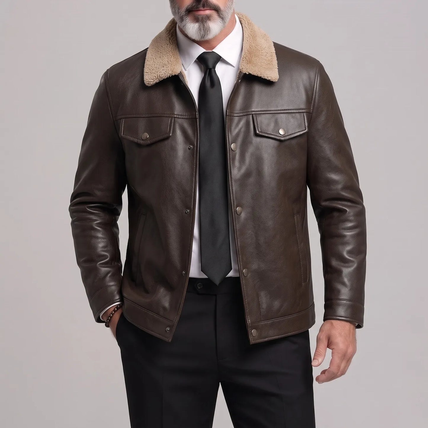 Men's Vintage Fuzzy Turndown Collar Snap Button Zip-Up PU Leather Jacket
