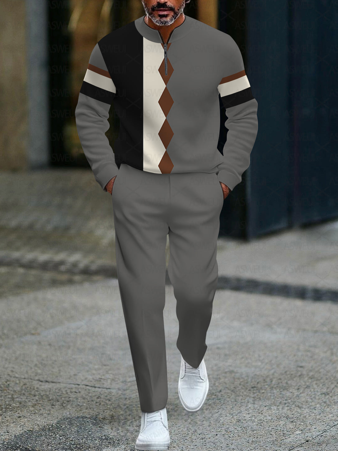 Men's fashion casual geometric print long sleeve zipper two-piece set
