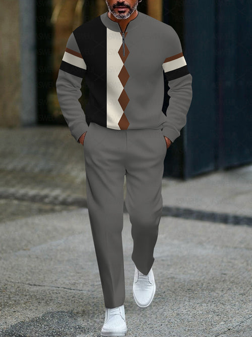 Men's fashion casual geometric print long sleeve zipper two-piece set