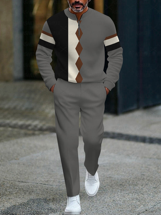 Men's fashion casual geometric print long sleeve zipper two-piece set