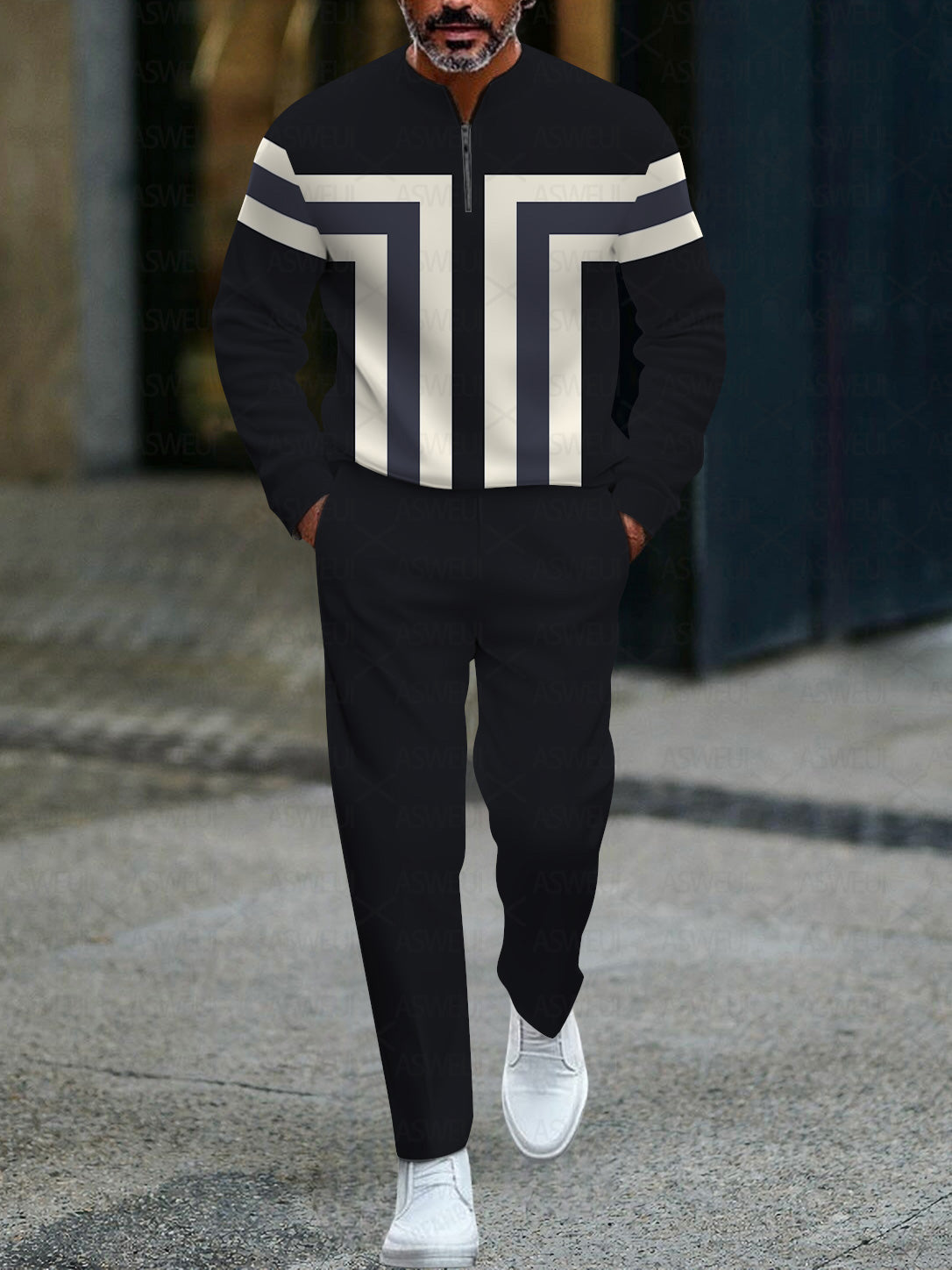 Men's fashion casual geometric print long sleeve zipper two-piece set