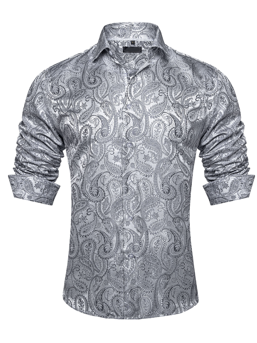 Men's Luxury Design Silver White Paisley Long Sleeve  Shirt