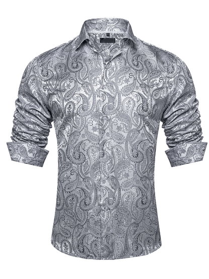 Men's Luxury Design Silver White Paisley Long Sleeve  Shirt