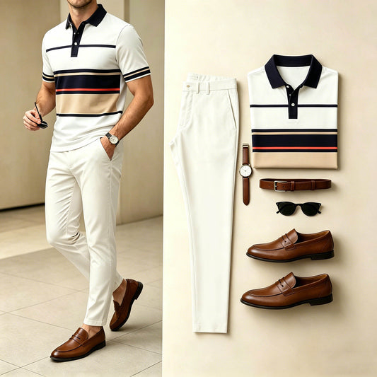 Men's Business Multi-Color Horizontal Stripe Color Block Polo Shirt And Pants Two-Piece Set