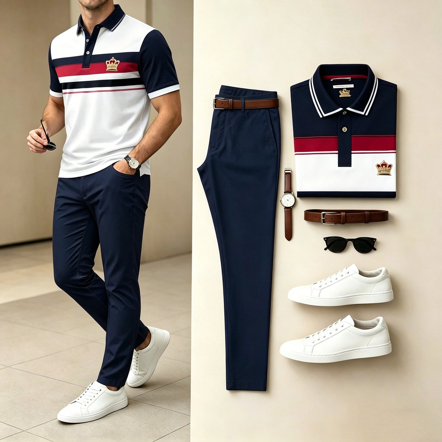 Men's Casual Crown Embroidered Stripe Polo Shirt & Long Pants Two-Piece Set