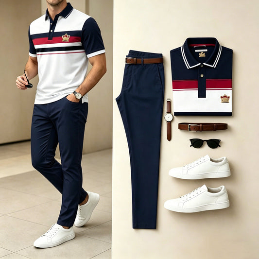 Men's Casual Crown Embroidered Stripe Polo Shirt & Long Pants Two-Piece Set