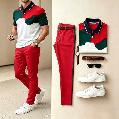 Men's Casual Red Green Color Block Printed Polo Shirt & Pants Two-Piece Set