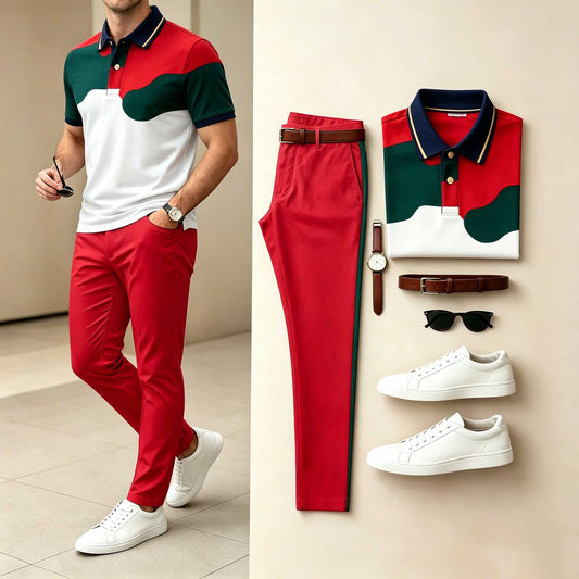 Men's Casual Red Green Color Block Printed Polo Shirt & Pants Two-Piece Set