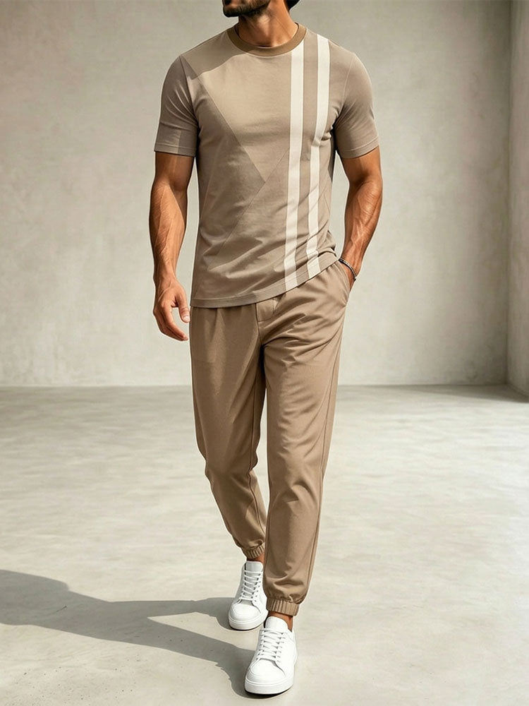 Men's Casual Khaki Color Matching Printed Round Neck T-Shirt & Pants Two-Piece Set
