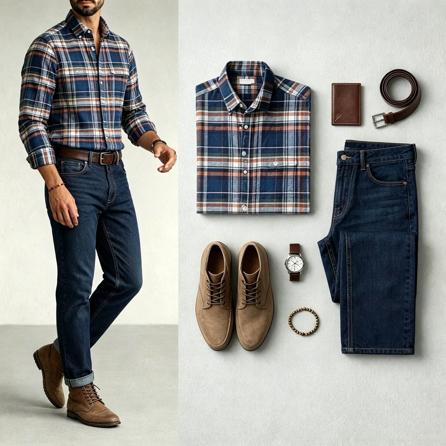 Men's Multi Royal Blue Color Matching Retro Plaid Printed Lapel Collar Shirt & Jeans Two-Piece Set