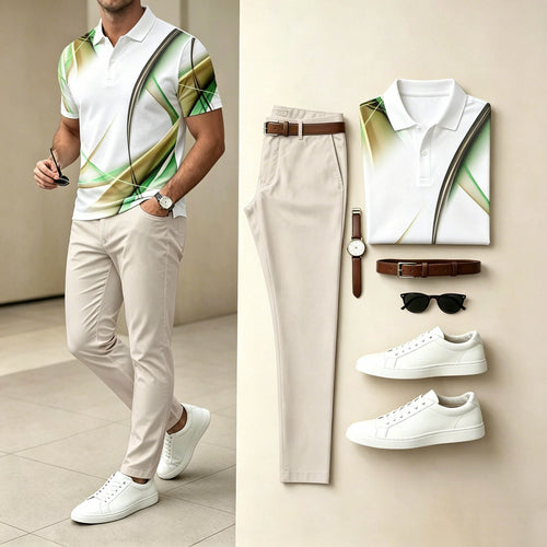 Men's Casual Green Gradient Curve Printed Polo Shirt & Khaki Pants Two-Piece Set