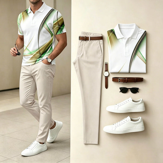 Men's Casual Green Gradient Curve Printed Polo Shirt & Khaki Pants Two-Piece Set