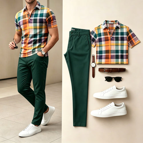 Men's Multi Green Color Matching Plaid Printed Short Sleeves Polo Shirt & Pants Two-Piece Set