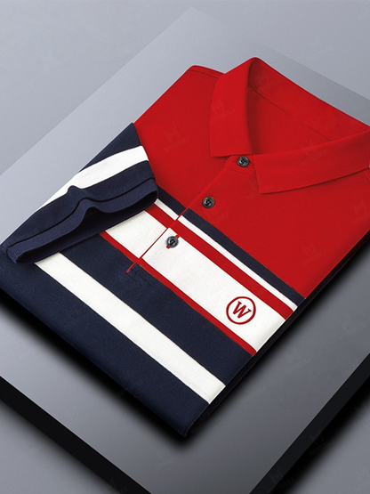Men's Classic Business Stripe Button Short Sleeve Polo Shirt