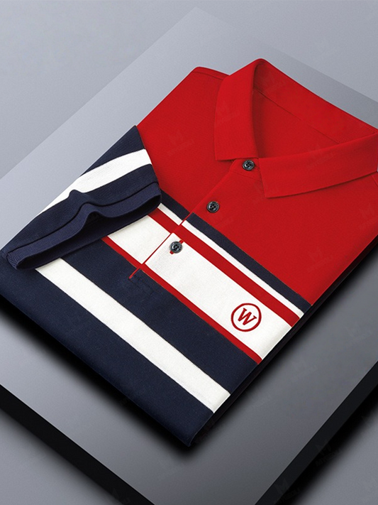 Men's Classic Business Stripe Button Short Sleeve Polo Shirt