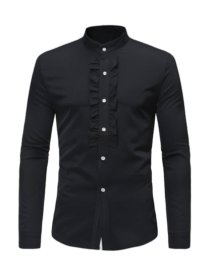Men's Stand Collar Lace Solid Color Long Sleeve Tuxedo Dress Shirt