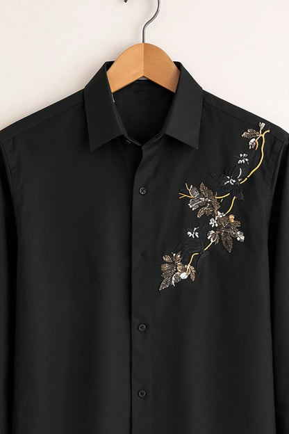 Embroidered Floral Accent Shirt – Black