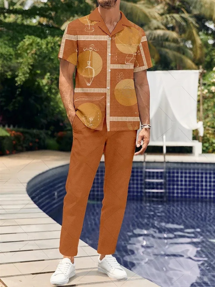 Men's Colorblock Printed Waffle Short Sleeve Shirt Pants Walking Suit 1734