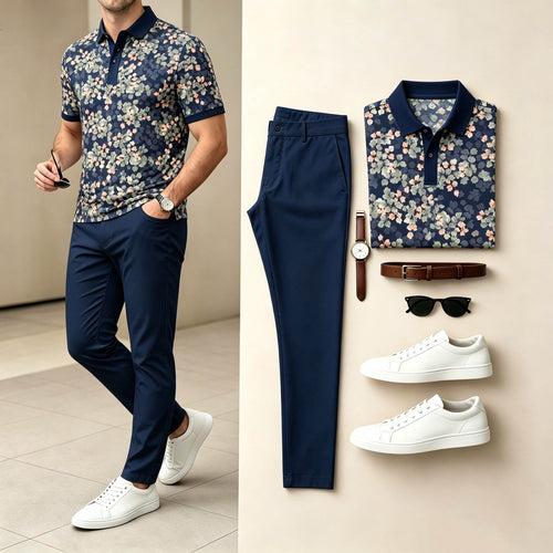 Men's Casual Navy Blue Color Matching Floral Printed Short Sleeves Polo Shirt & Pants Two-Piece Set