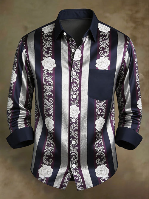 Men's Retro Business Casual Baroque Rose Striped Long-Sleeved Shirt