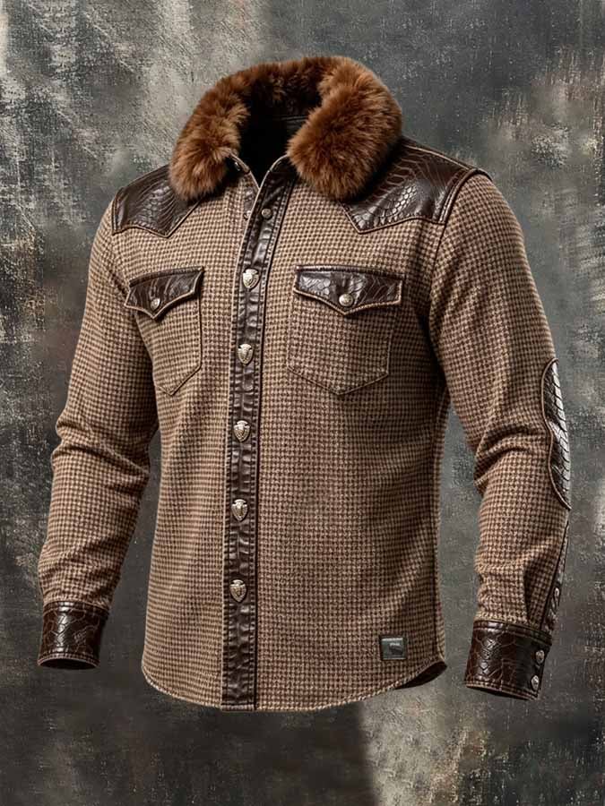 Men'S Vintage-Style Western Shirt With Leather Paneling And Dual Pockets (Detachable Fur Collar)