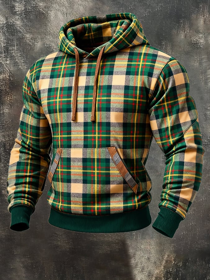 Men's Retro Plaid Contrast Color Hooded Sweatshirt