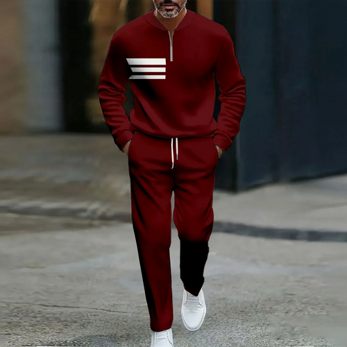 Men's Casual Color Matching Printed Polo-Collar Zipper Long Sleeved Trousers Two-Piece Set