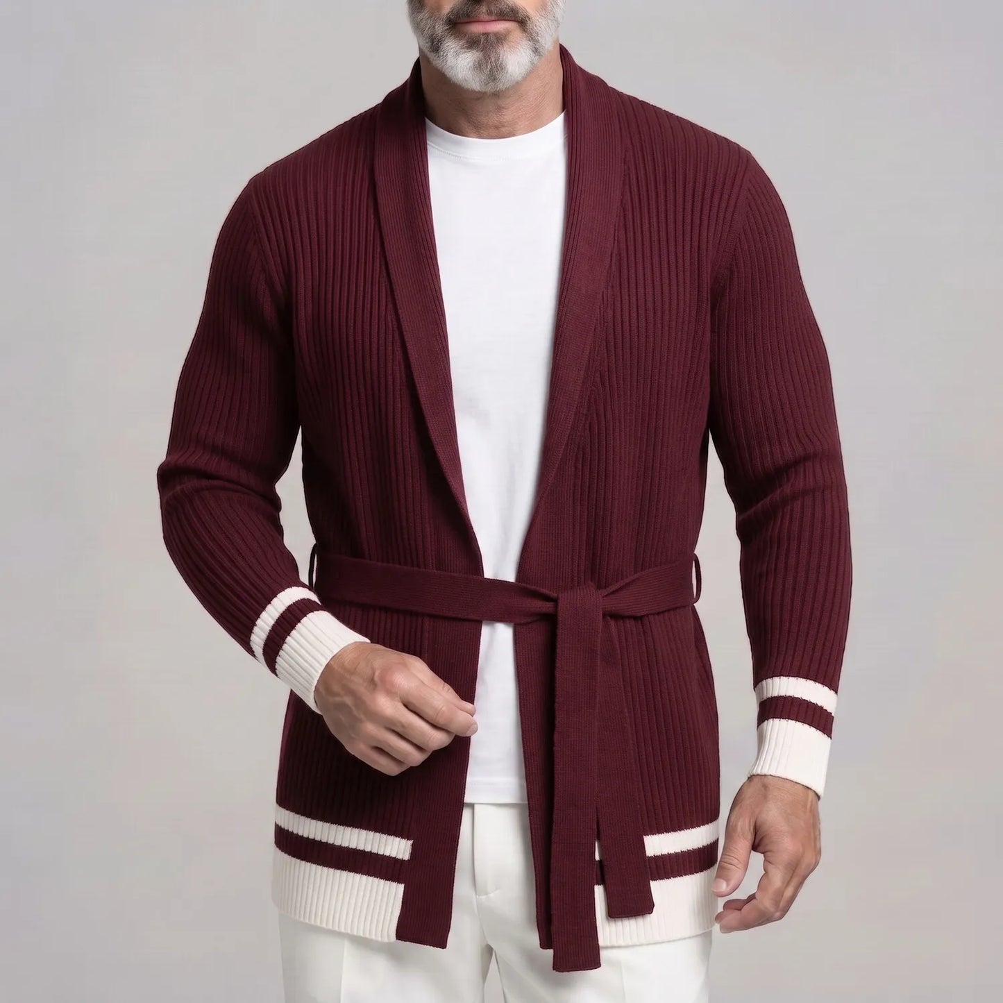 Men's Casual Shawl Collar Ribbed Knit Self Tie Belt Contrast Striped Long Sleeve Open Front Cardigan