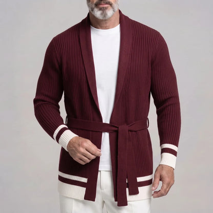Men's Casual Shawl Collar Ribbed Knit Self Tie Belt Contrast Striped Long Sleeve Open Front Cardigan