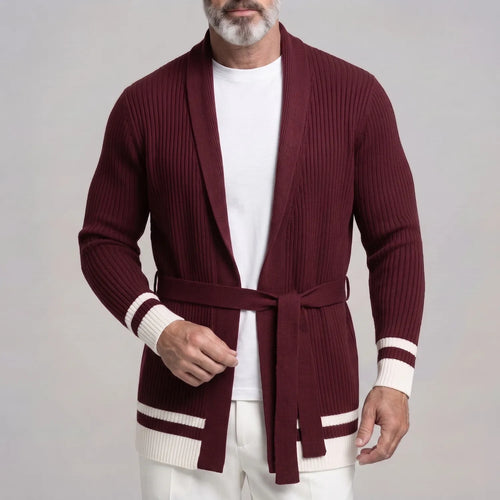 Men's Casual Shawl Collar Ribbed Knit Self Tie Belt Contrast Striped Long Sleeve Open Front Cardigan