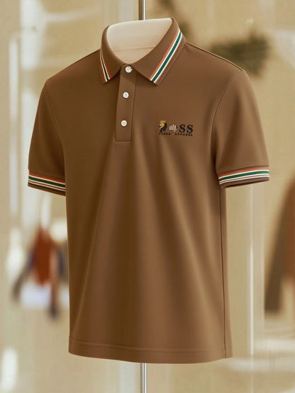 Men's Business Casual Striped Button Short Sleeve Polo Shirt