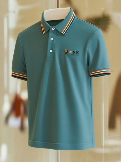 Men's Business Casual Striped Button Short Sleeve Polo Shirt