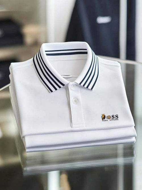Men's Business Stripe Logo Print Short Sleeve Polo Shirt