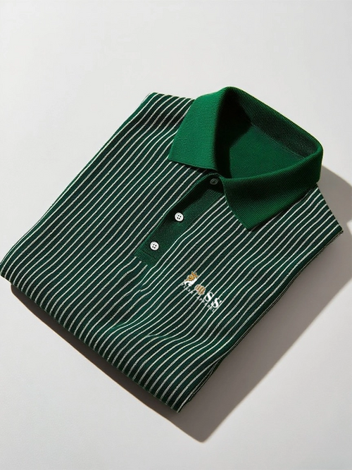 Men's Business Casual Striped Button Short Sleeve Polo Shirt