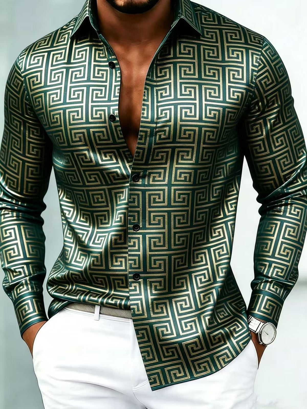 Men's Luxury Business Geometric Print Long-Sleeve Shirt