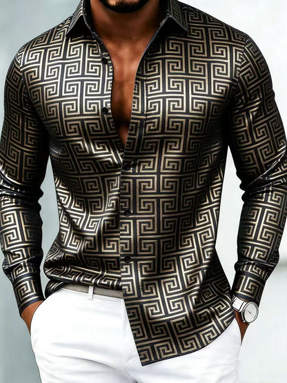 Men's Luxury Business Geometric Print Long-Sleeve Shirt